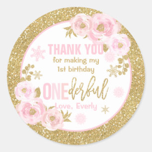 Sticker Rond Hiver ONEderland Rose et or Anniversaire Faveurs