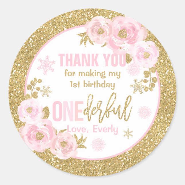 Sticker Rond Hiver ONEderland Rose et or Anniversaire Faveurs (Devant)