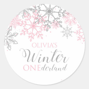 Sticker Rond Hiver Onederland Silver and Pink Snowflake