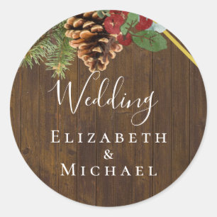 Sticker Rond Hiver Red Berries Pine Cones Mariage