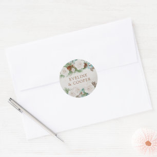 Sticker Rond Hiver Rose blanche et cône de pin Personnalisé