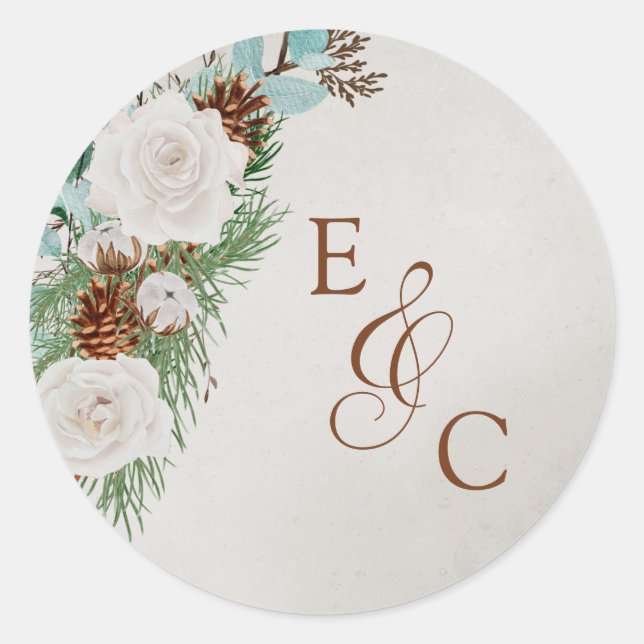 Sticker Rond Hiver Rose blanche et Mariage cône de pin Monogram (Devant)