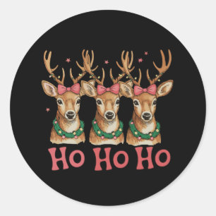 Sticker Rond Ho Ho Cerf de Noël Ruban Rose Fille Noël Renne
