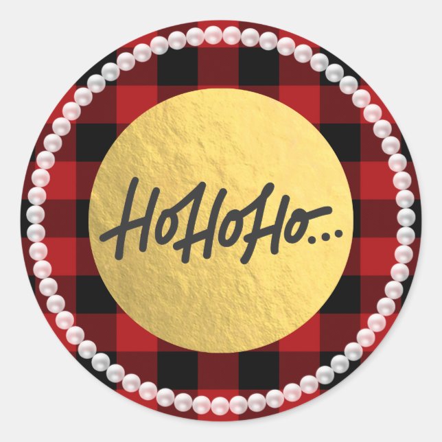 Sticker Rond HO HO HO Perles de Noël Buffalo Plaid Gold Foil (Devant)