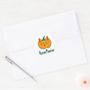 Sticker Rond Hocus pawcus Halloween citrouille ginger cat magie