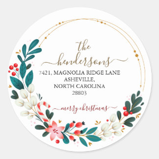 Sticker Rond Holiday Wreath Custom Script Return Address Text