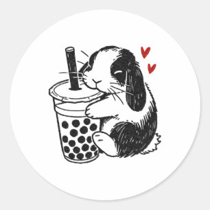 Sticker Rond Holland Lop Rabbit Aime Boba Tea Bunny Et Bubble