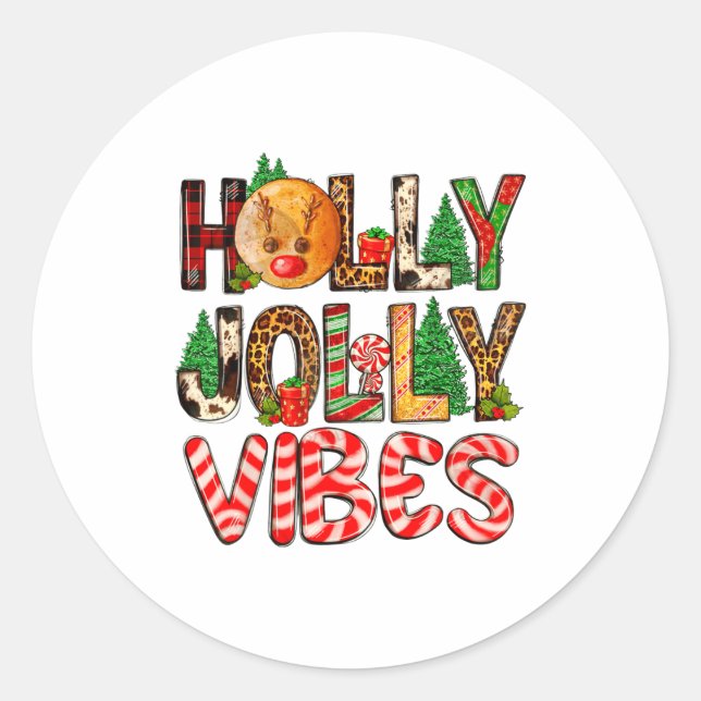 Sticker Rond Holly A Jolly Vibes Reindeer Christmas Trees Light (Devant)