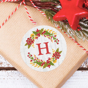 Sticker Rond Holly Berries Wreath Winter Blessing Monogramme