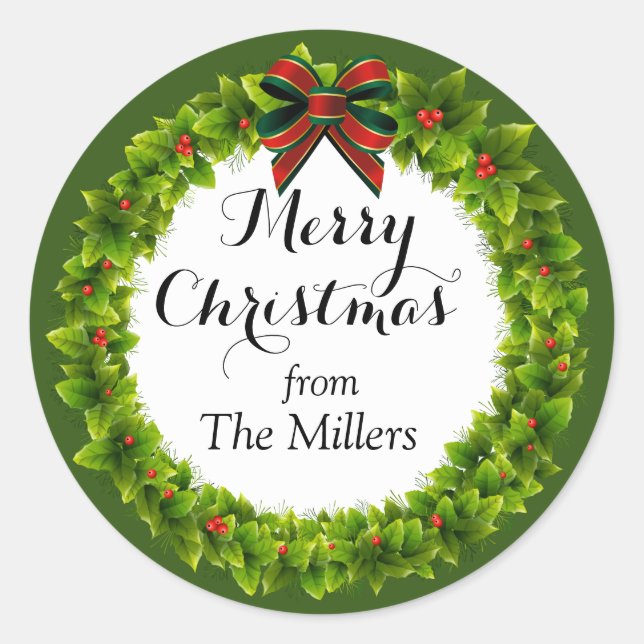 Sticker Rond Holly Berry Wreath Custom Christmas (Devant)