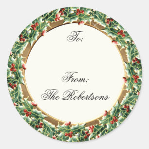 Sticker Rond Holly Berry Wreath w Jewel Christmas Gift Tags