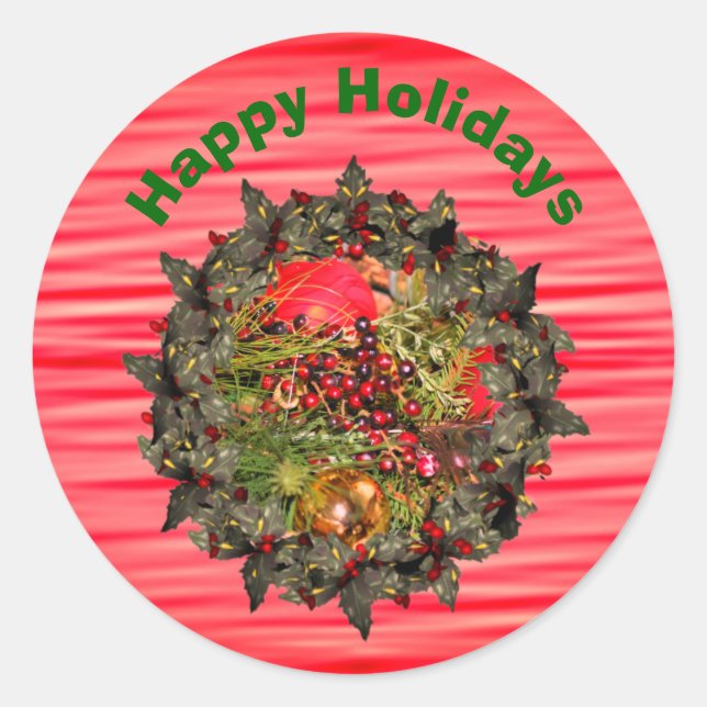 Sticker Rond Holly Wreath Berries Noël (Devant)