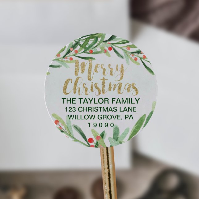 Sticker Rond Holly Wreath Joyeux Noël Adresse de retour (Créateur téléchargé)