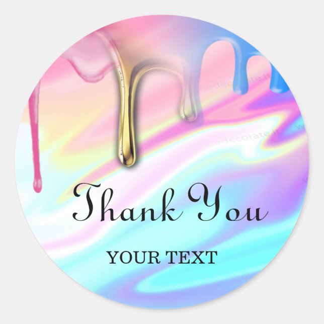 Sticker Rond hologramme licorne gouttes merci (Devant)