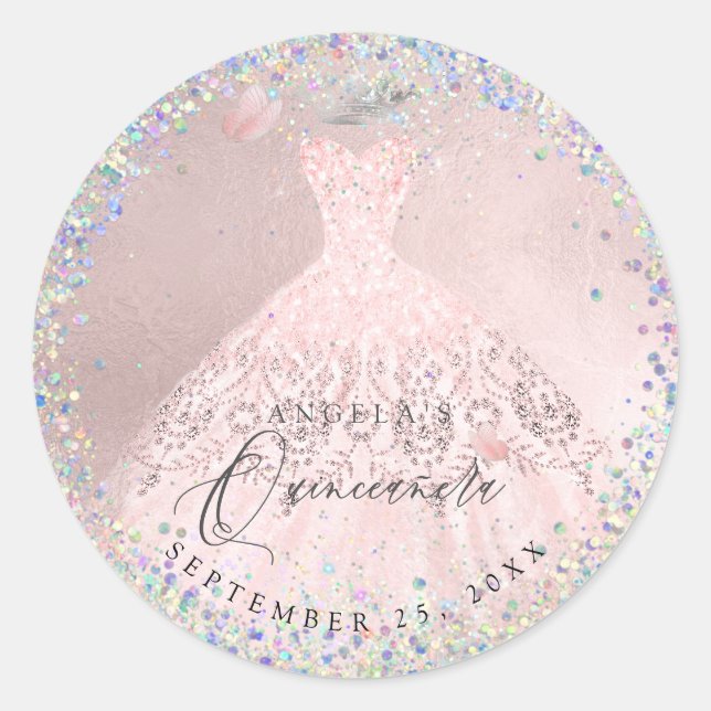 Sticker Rond Holographique Confetti Quinceanera Blush Gown (Devant)