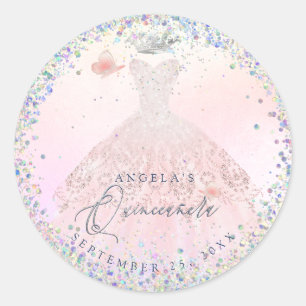 Sticker Rond Holographique Confetti Quinceanera Blush Pink Gown