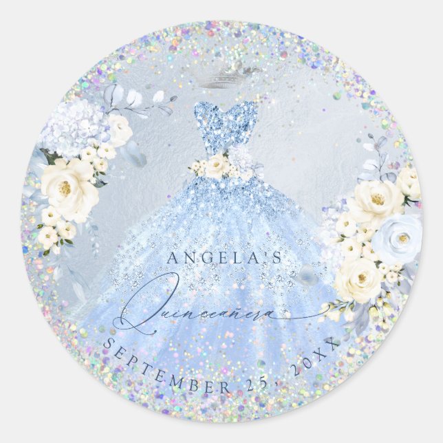 Sticker Rond Holographique Confetti Quinceanera Dusty Blue Gown (Devant)