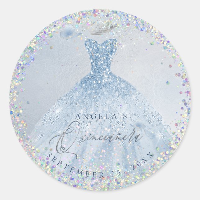 Sticker Rond Holographique Confetti Quinceanera Dusty Blue Gown (Devant)