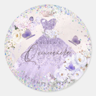 Sticker Rond Holographique Confetti Quinceanera Purple Gown