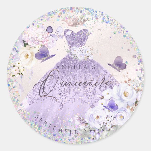 Sticker Rond Holographique Confetti Quinceanera Purple Gown (Devant)