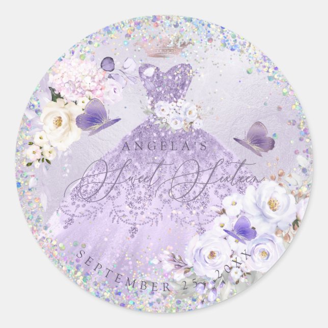 Sticker Rond Holographique Confetti Sweet sixteen Purple Gown (Devant)