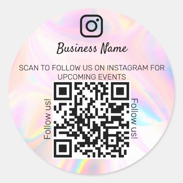 Sticker Rond Holographique opale nom d'entreprise qr code insta (Devant)