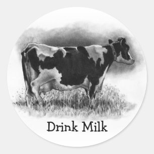 Sticker Rond Holstein Cow : Dessin au crayon original : Laitier