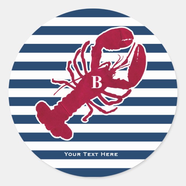 Sticker Rond Homard rouge nautique Monogramme Bleu Bleu Blancs (Devant)