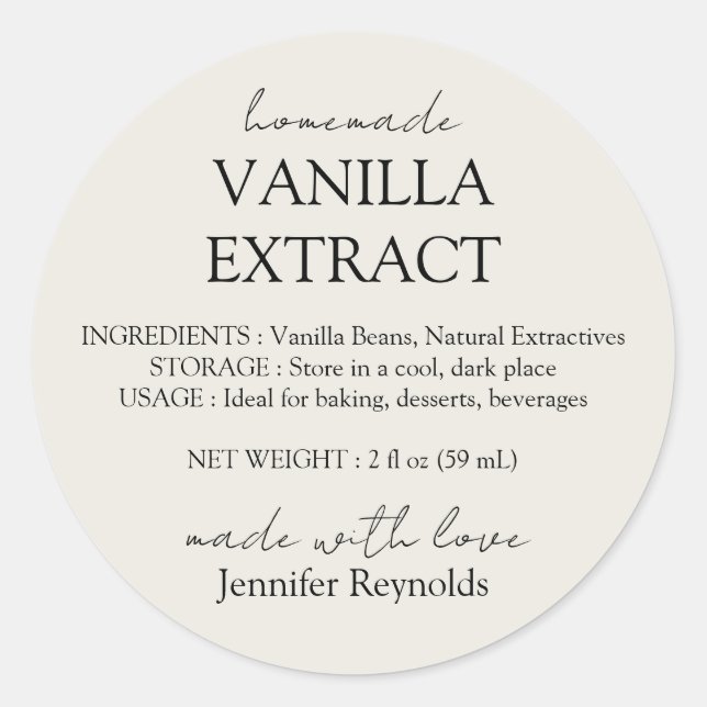 Sticker Rond Homemade Vanilla Extract ivory beige Instructions (Devant)