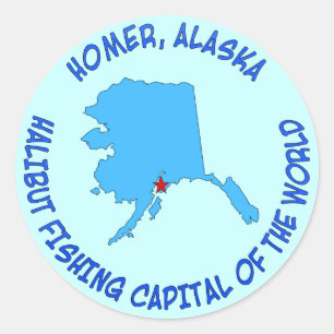 Sticker Rond Homer, Alaska Halibut Capitale de la pêche du mond