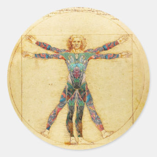 Sticker Rond Homme de Vitruvian de da Vinci avec des tatouages