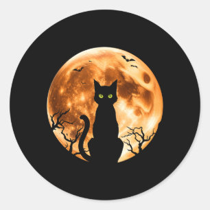 Sticker Rond Homme Halloween Chat Lune Chat Noir Nuit Chauve-so