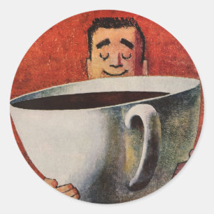Sticker Rond Homme heureux vintage buvant une tasse géante de c
