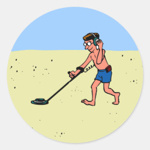 Sticker Rond Homme Metal Détection Sur Plage