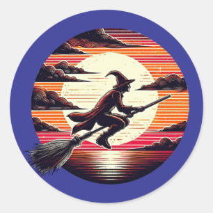 Sticker Rond Homme Sorcière équitation Broom in sunset art illu
