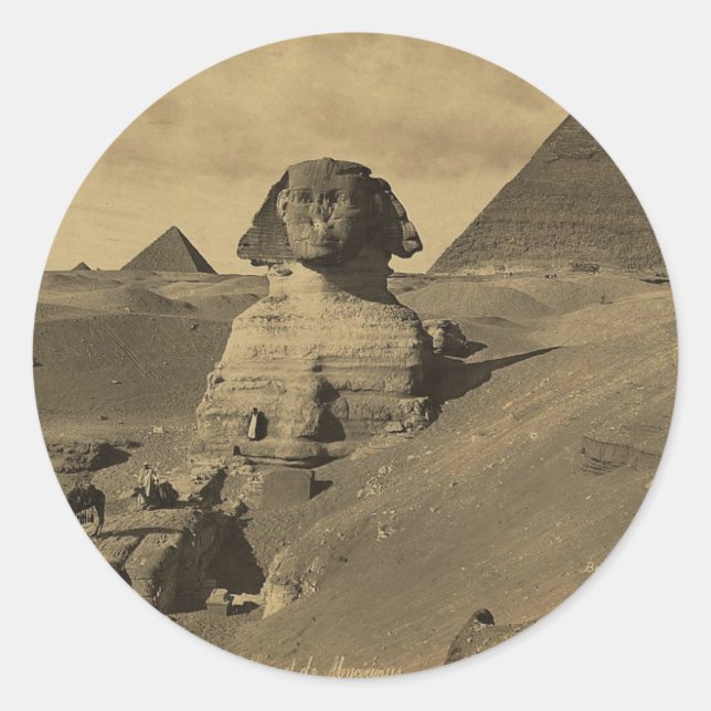 Sticker Rond Hommes et chameaux sur la patte du Sphinx, Pyramid (Devant)