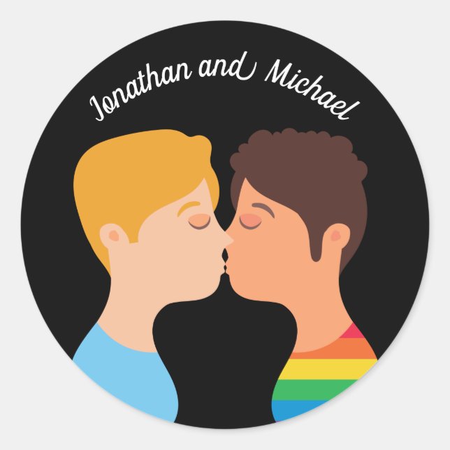 Sticker Rond Hommes gais Couple Kiss Personnalisé LGBTQ Priorit (Devant)