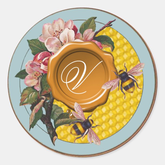STICKER ROND HONEY ABEILLES ET ROSES SAUVAGES MONOGRAMME DE SCE (Devant)