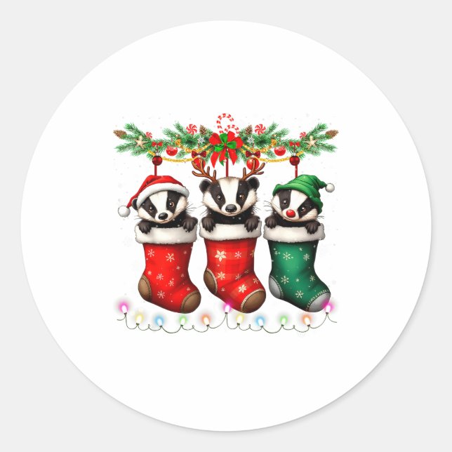 Sticker Rond Honey Badger In Christmas Socks Lights Honey Badge (Devant)