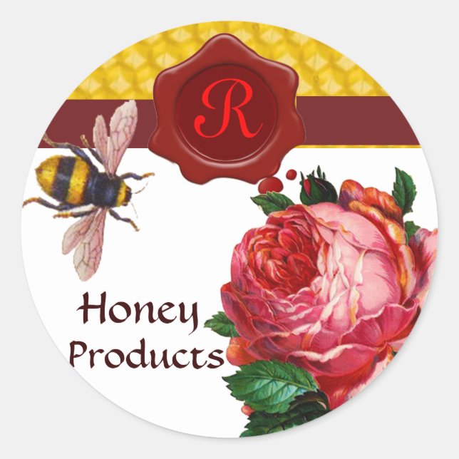 STICKER ROND HONEY BEE AND ROSE ROSE ROSE, BEEKEEPER RED WAX SE (Devant)