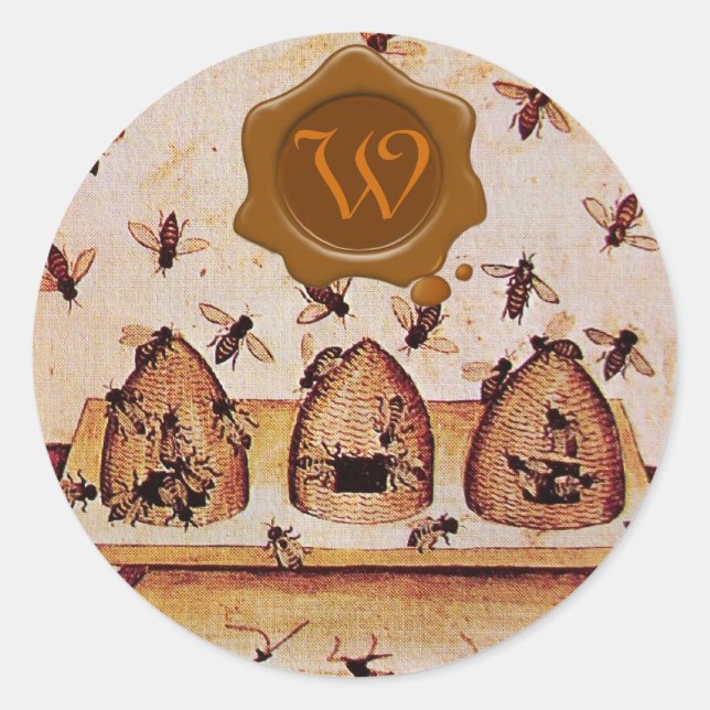 STICKER ROND HONEY BEE, MONOGRAMME DE SCEAU DE CIRE BROWN (Devant)