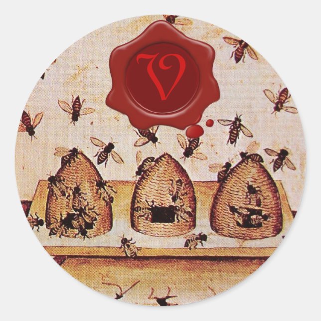 STICKER ROND HONEY BEE, MONOGRAMME DE SCEAU DE CIRE ROUGE (Devant)