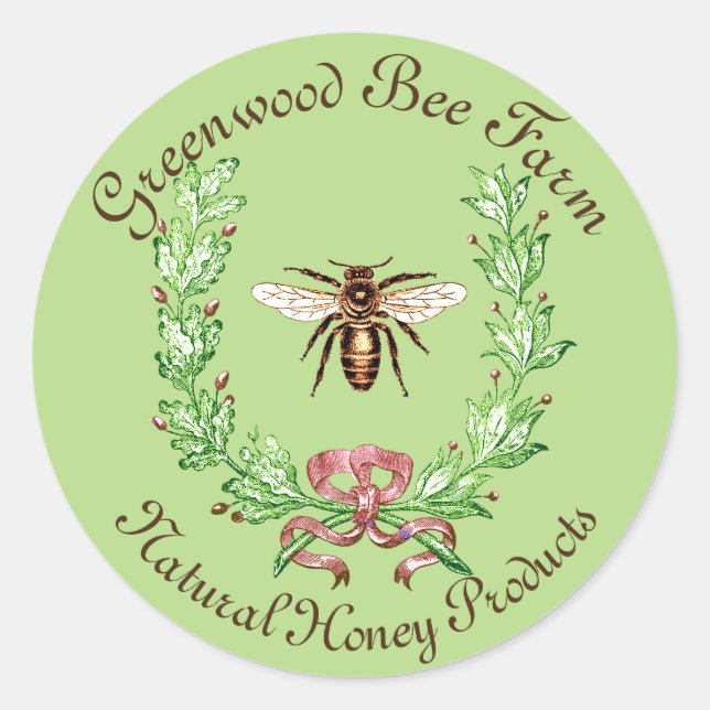 STICKER ROND HONEY BEE, WREATH AVEC DES FEUILLES DE CHÊNE (Devant)