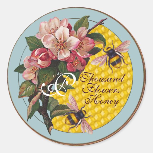 STICKER ROND HONEY BEES AVEC MONOGRAM ROSE SAUVAGE (Devant)