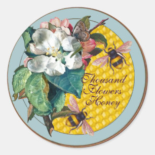 STICKER ROND HONEY BEES, BETTERFLY, FLEURS BLANCHES ET ROSES SA