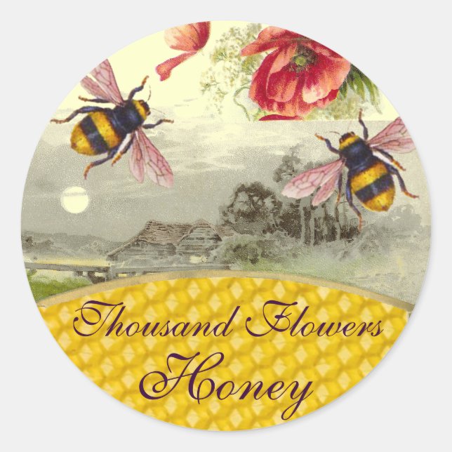 STICKER ROND HONEY BEEY BEEES, ROUGES POPIES RUSTIQUE PAYSAGE B (Devant)