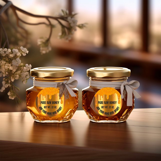 Sticker Rond Honey Jar Honeybee Honeycomb. Apiary Drives Gold (Honey Jar Honeybee Honeycomb. Apiary Drips Gold 1 Classic Round Sticker)