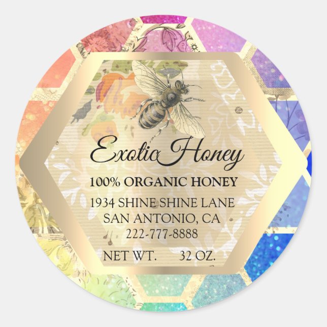 Sticker Rond Honey Jar Honeybee Honeypeb Apiary Gold Rainbow (Devant)