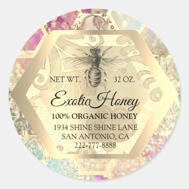 Sticker Rond Honey Jar Honeybee Honeypeb Apiary Gold Rose VIP (Devant)