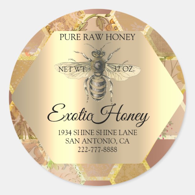 Sticker Rond Honey Jar Honeybee Honeypeb Bee Apia Rose Or (Devant)